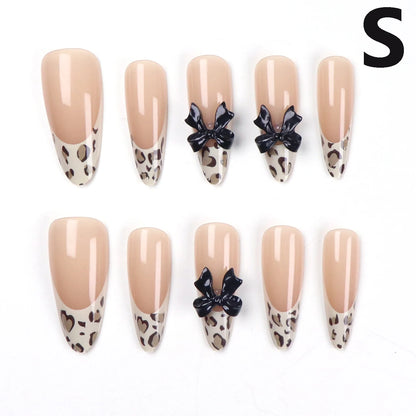 10pcs-XS/S/M French Almond Press on Nails Leopard Print False Nails 3D Bow Wearable Stick-on Nails Fake Nail