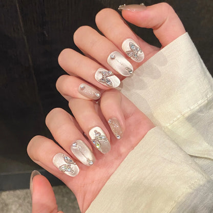 10pcs Handmade Press on Nails Shiny Sliver Cat Eye Fake Nail Tips with Sliver Butterfly Design Wearable Fashion False Nails