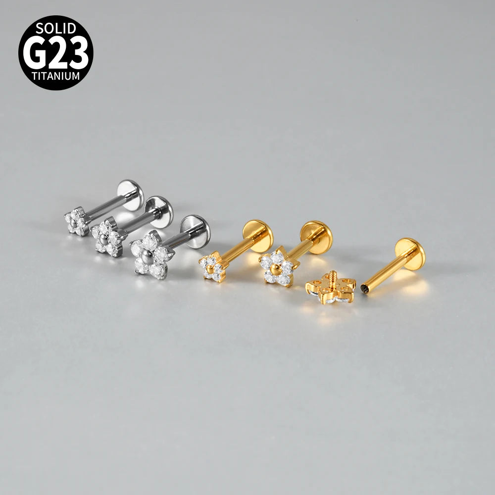 1/5PCS F-136 Implant Titanium Different Size Flower Zirconia Labret 16G Internal Threaded Cartilage Helix Lobe Earring Piercing