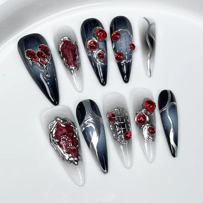 10pcs Stiletto Almond Press On Nails Dark Blue Cat Eye y2k False Nails With 3D Design Artifical Detachable Full Cover Nail Tips