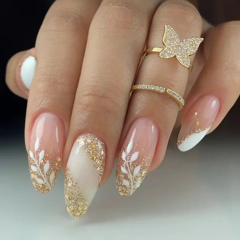 24Pcs Simple Glitter Almond False Nails with Glue Ballerina Nail Design Sweet Cool French Detachable Press on Nail Manicure Tips
