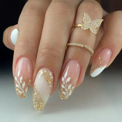 24Pcs Simple Glitter Almond False Nails with Glue Ballerina Nail Design Sweet Cool French Detachable Press on Nail Manicure Tips