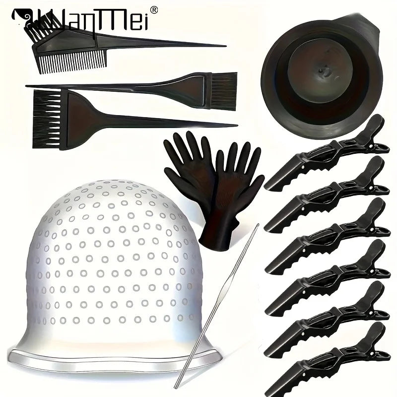 Barber Professional Hair Dyeing Cap with Metal Hook Gloves Color Mixing Brush Bowl Tools Hair Coloring Accessories Salon