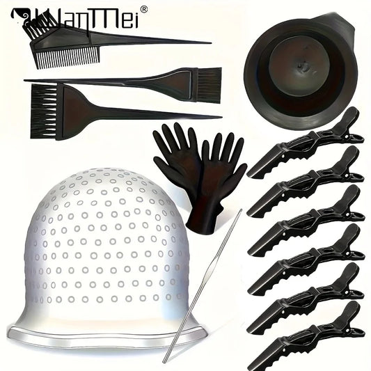 Barber Professional Hair Dyeing Cap with Metal Hook Gloves Color Mixing Brush Bowl Tools Hair Coloring Accessories Salon