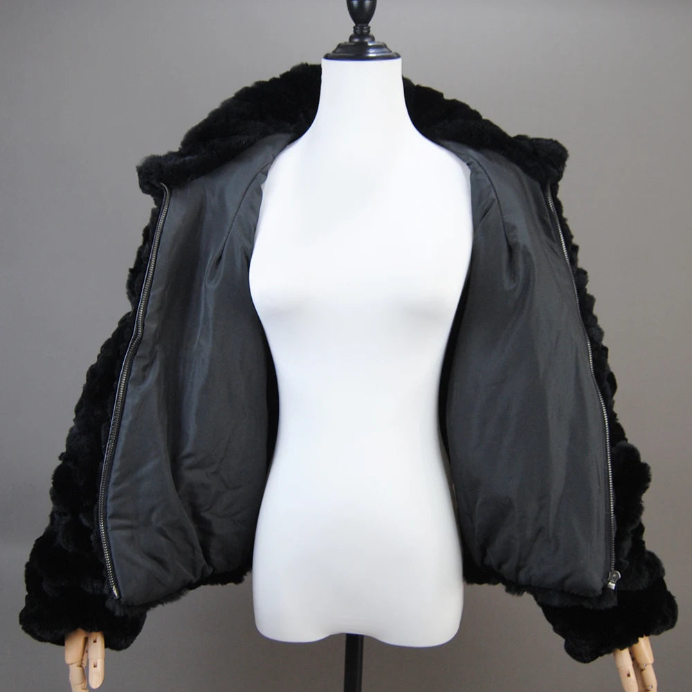2025 Black Fashion Short Real Rex Rabbit Fur Jacket with Lapel Collar Woman Winter New Genuine Rex Rabbit Fur Coat Outwear