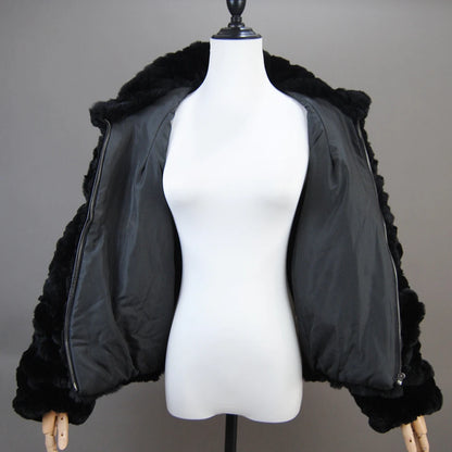 2025 Black Fashion Short Real Rex Rabbit Fur Jacket with Lapel Collar Woman Winter New Genuine Rex Rabbit Fur Coat Outwear