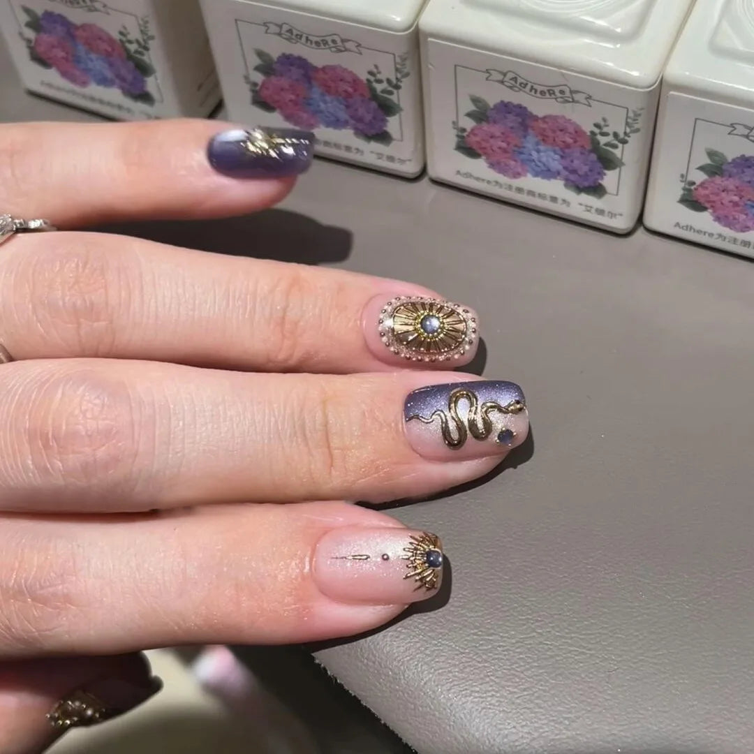 10pcs Handmade Press on Nails Purple Flashing Magic Mirror with Diamonds Full Coverage Nail Tips for Women&Girl Removable Nail
