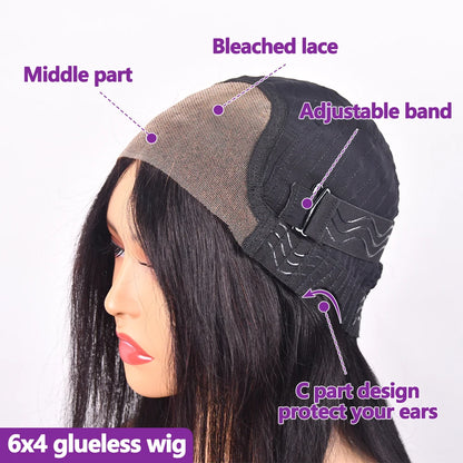 6X4 Glueless Wig Human Hair 4X4 Ready to Wear Wigs Straight Lace Frontal Wig Pre Cut Pre Plucked Ready to Go Wig 3 Days Delivery