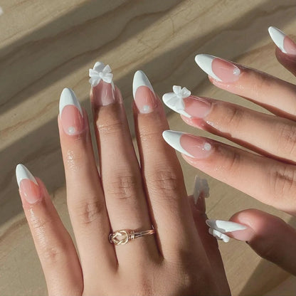 White French Press on Nails 3D Bowknot Fake Nails Tips Full Cover Wearable False Nails for Women and Girls DIY Manicure 24Pcs