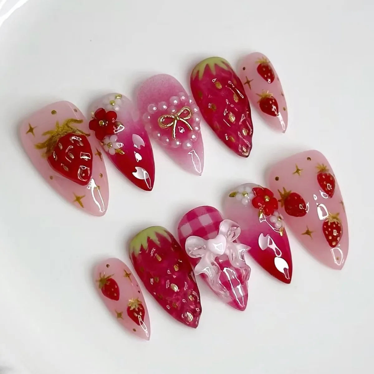24pcs Mid-length Almond Press on Nails Sets Wearable Gradient Pink Flower Pearl Design False Nail French Fake Nail Finished Tips