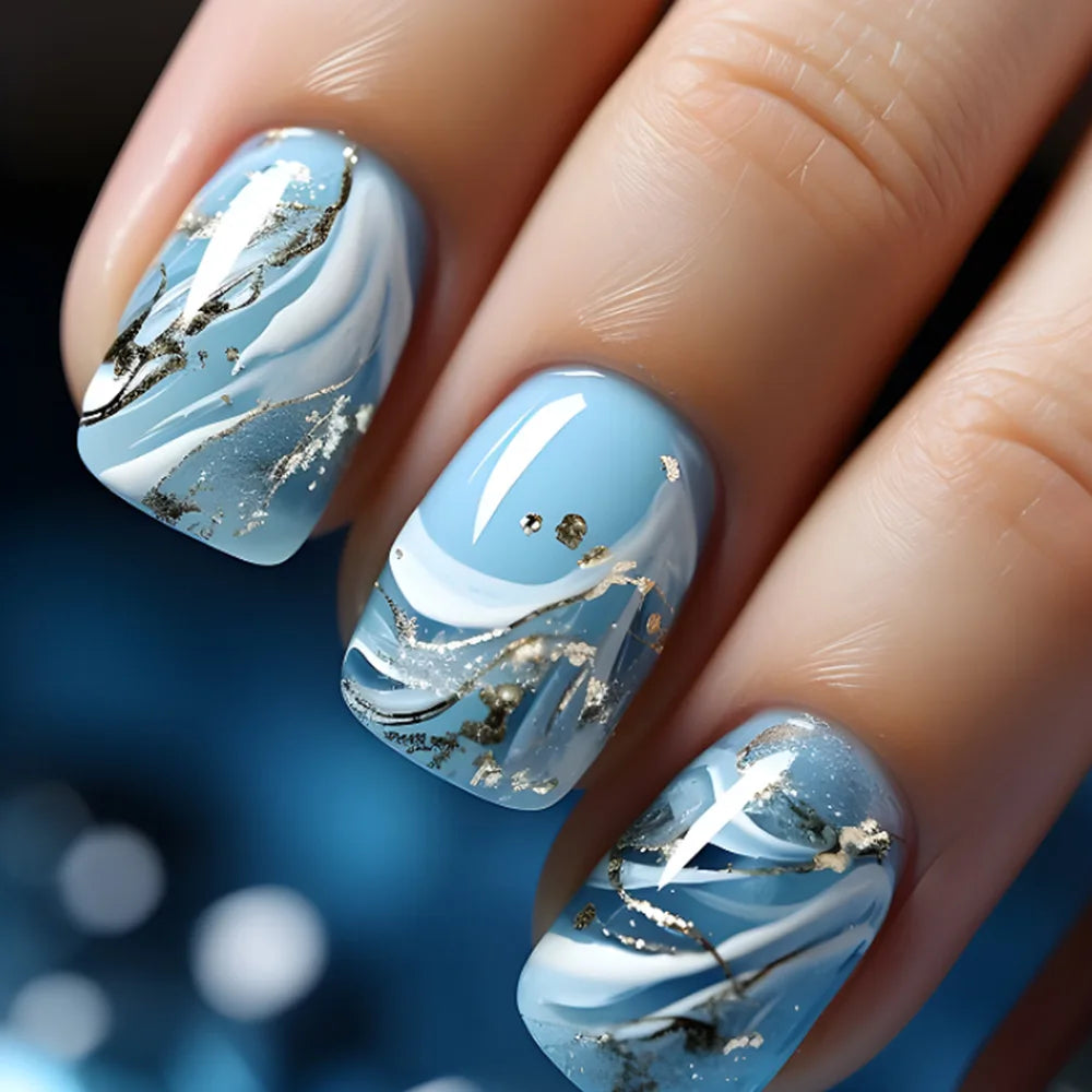 24pcs Golden Stripe Press on Nails Shiny Powder Love Design Long Square False Nails Wearable Full Cover Nail Tips Blue Fake Nail