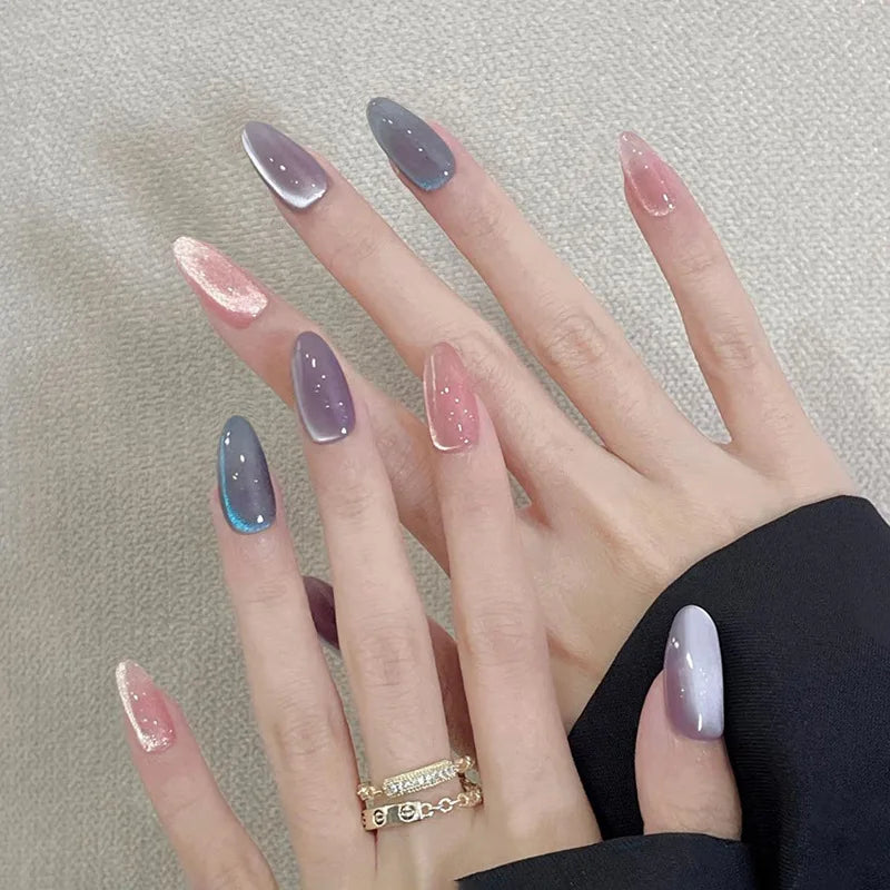 24Pcs Simple Glitter Almond False Nails with Glue Ballerina Nail Design Sweet Cool French Detachable Press on Nail Manicure Tips