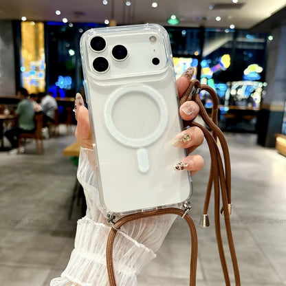 Crossbody Lanyard Necklace Rope Clear Case For iPhone 13 14 Plus 15 16 17 Pro Max For Magsafe Magnetic Wireless Charging Cover