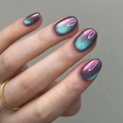 24Pcs Solid Color Grey Almond Fake Nail Cat's Eye Design Wearable Round Head False Nails with Shiny Powder Press on Nails