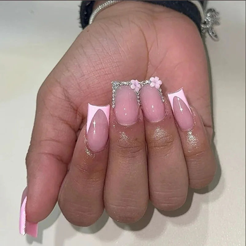 24Pcs Mid-length French Pink Square Head Press on False Nails Flash Drill Wearable Finished Manicure Full Cover Nail Tips