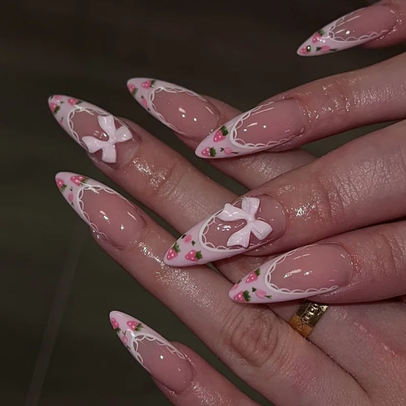 24pcs Almond False Nails Tips Summer Beach Colorful Nails Sets with Pearl Flower Design Press on Nails Art Wearable Fake Nail