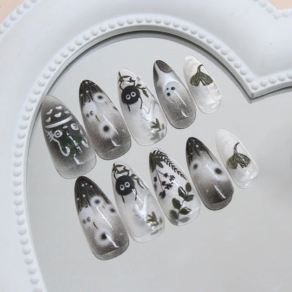 24pcs Gradient Black False Nails Cute Cartoon Cat's Eye Forest Elf Girl Press On Nails Glossy Almond Sweet Cool Fake Nail Tips