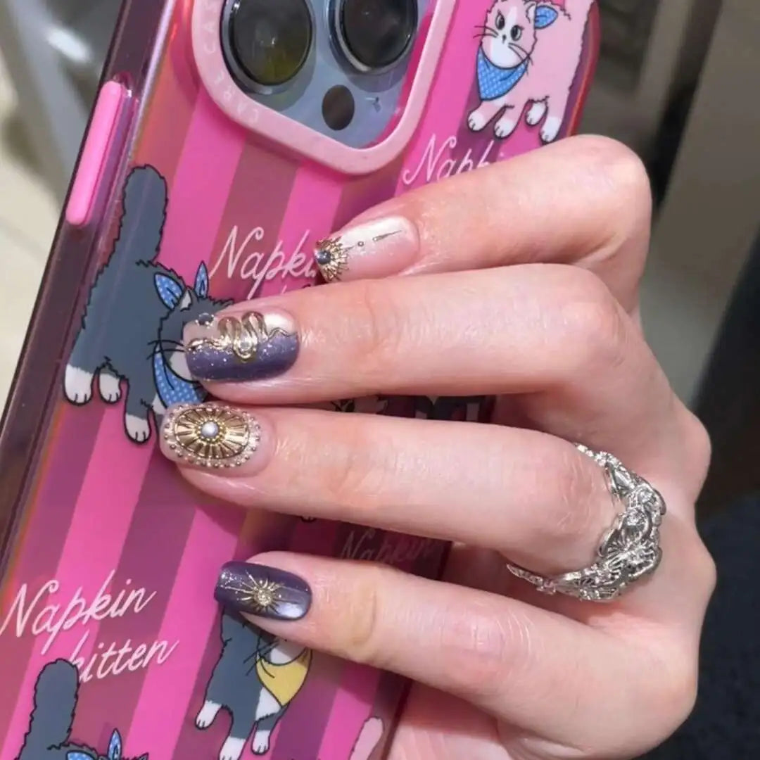 10pcs Handmade Press on Nails Purple Flashing Magic Mirror with Diamonds Full Coverage Nail Tips for Women&Girl Removable Nail