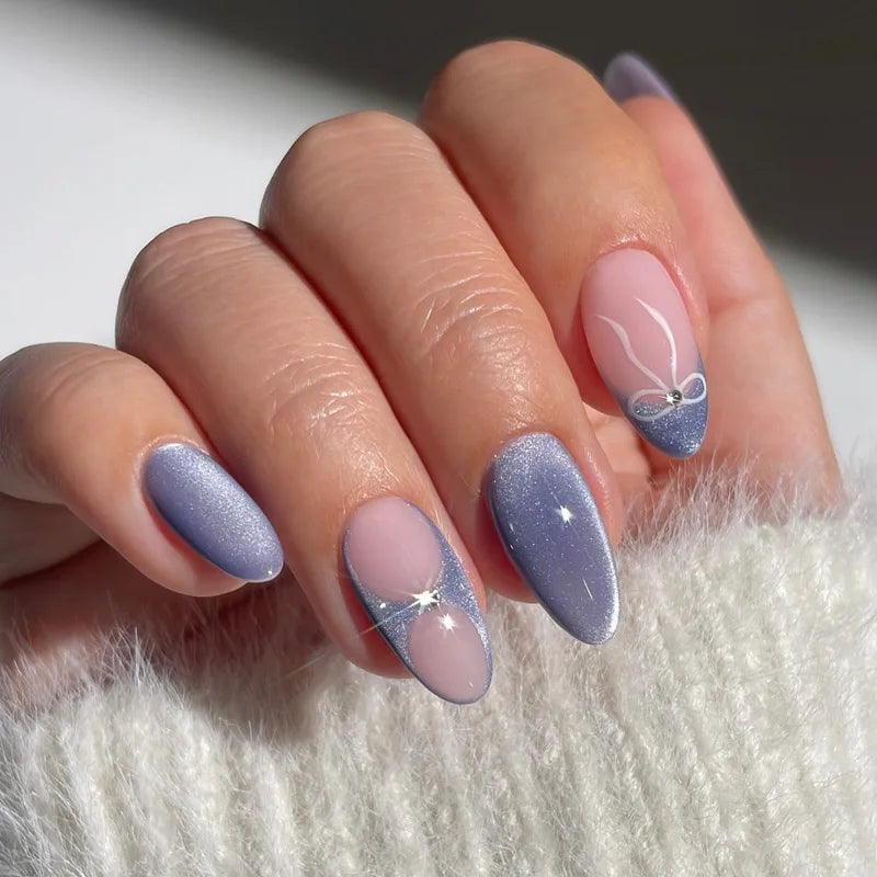 24pcs Romantic Y2k Star Press On Nails Gradient Blue French Style Gold Moon Designs Fake Nail Sweet Almond False Nails For Women