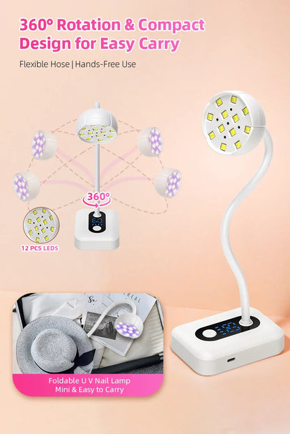 36W Rechargeable UV LED Nail Lamp Cordless 12LEDS Nail Dryer 360° Bendable Fast Drying Nail Manicure Polish Glue Gel Curing Lamp