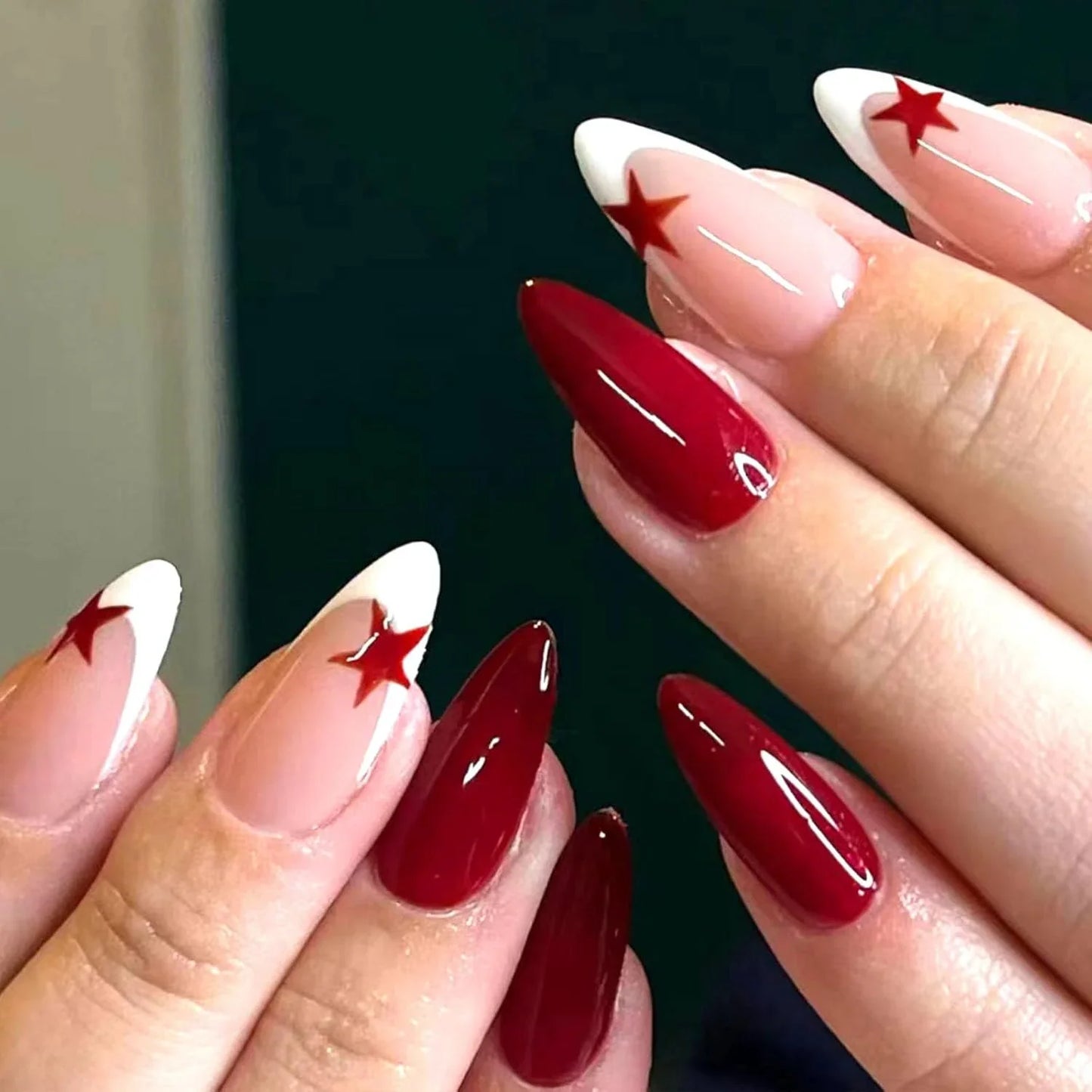 24PCS- white almond fake nails, red love pattern decoration, exquisite elegance, fashion generous, suitable for dating, dinner,