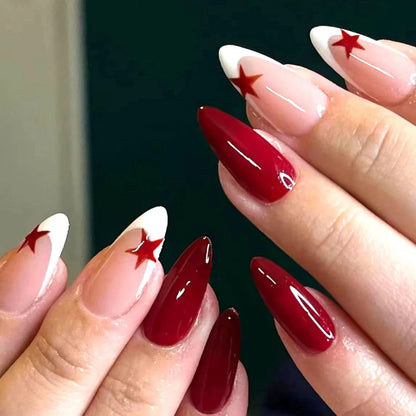 24PCS- white almond fake nails, red love pattern decoration, exquisite elegance, fashion generous, suitable for dating, dinner,