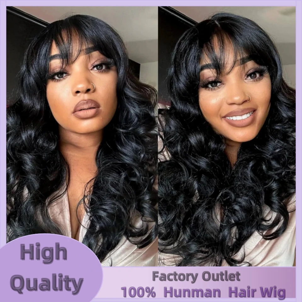 Body Wave Human Hair Wigs With Bangs 12A Peruvian Cheap Hair Wigs On Sale Clearance Full Machine Made Wig With Bangs For Woman