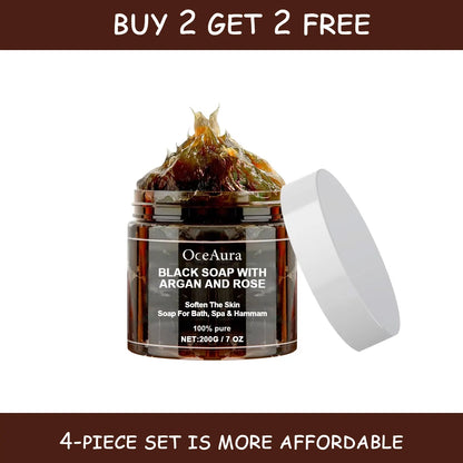OCEAURA 200g Black Soap With Argan And Rose lack Beldi Soap Ideal For Dead Skin Remover Body Scrub Purifying Deep Cleansing