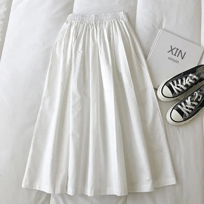 2025 NEW Women's White Long Skirt High Waist A-Line Knee-Length Fashion Pockets Pleated Casual Elegant Skirts for Autumn
