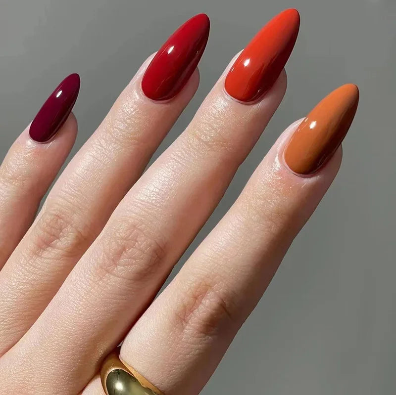 24Pcs Solid Color Grey Almond Fake Nail Cat's Eye Design Wearable Round Head False Nails with Shiny Powder Press on Nails