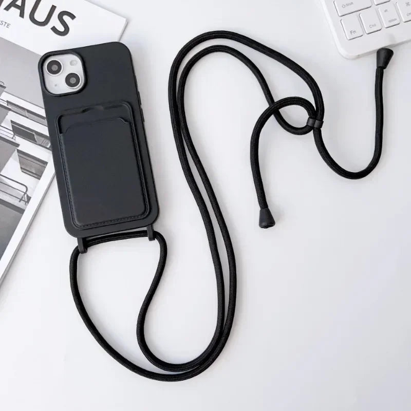 Soft Silicone Crossboby Lanyard Rope Fall Prevention Phone Case for IPhone 16 15 Pro Max 14 Plus 13 12 11 Card Slot Holder Cover
