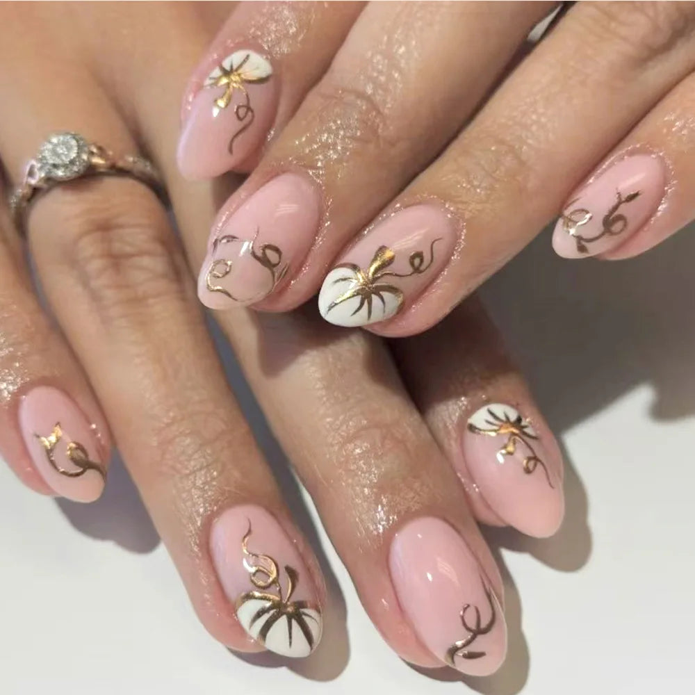 24Pcs Short Almond Nails Set Press on With Chessboard Design Fake Nail Art for Woman Pumpkin Pattern Datachable False Nails Tips