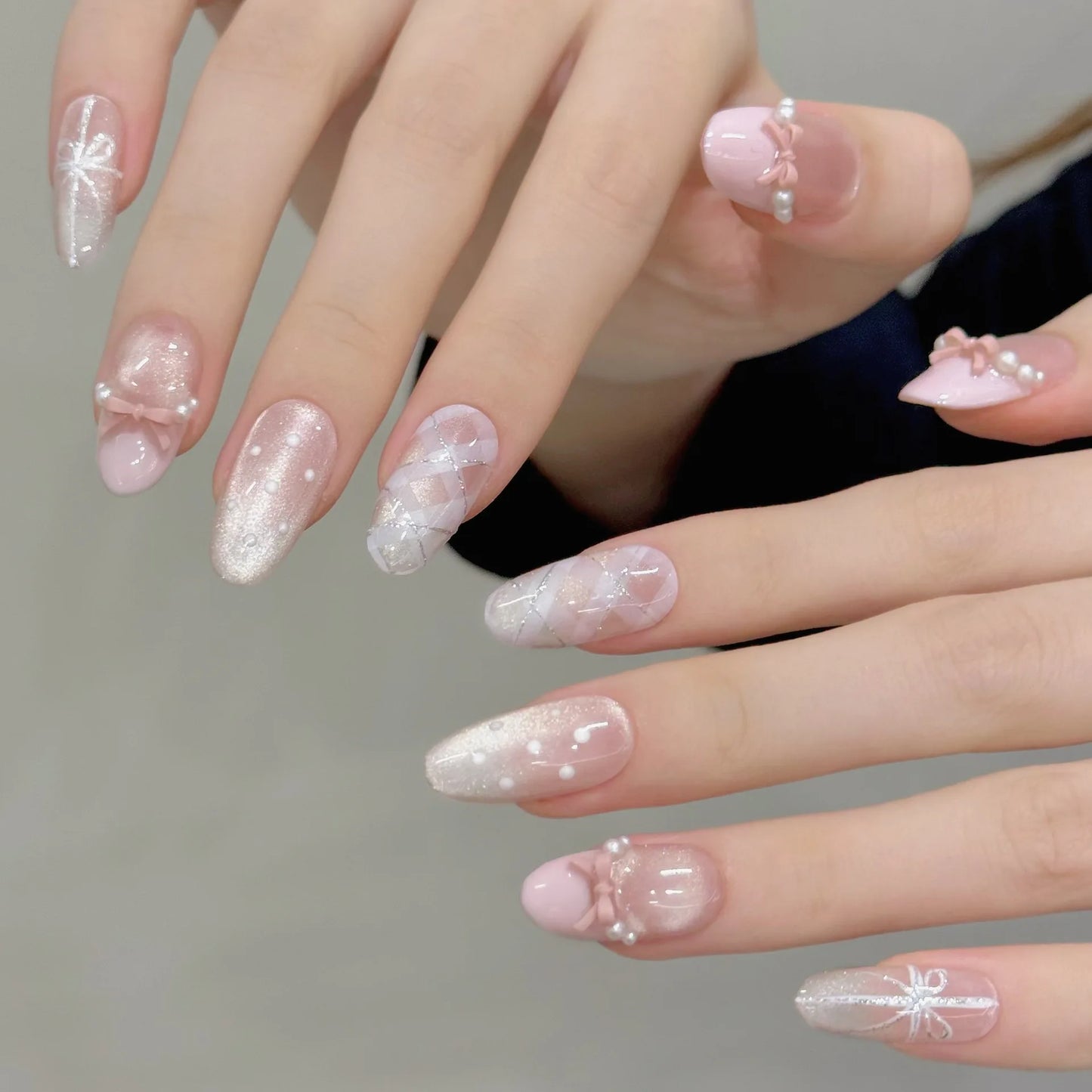 10pcs Handmade Press on Nails Sweet 3D Bow Decor Cat's Eye Fake Nail Tips Wearable Detachable Ins Plaid Pink French False Nails