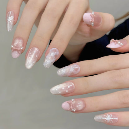 10pcs Handmade Press on Nails Sweet 3D Bow Decor Cat's Eye Fake Nail Tips Wearable Detachable Ins Plaid Pink French False Nails