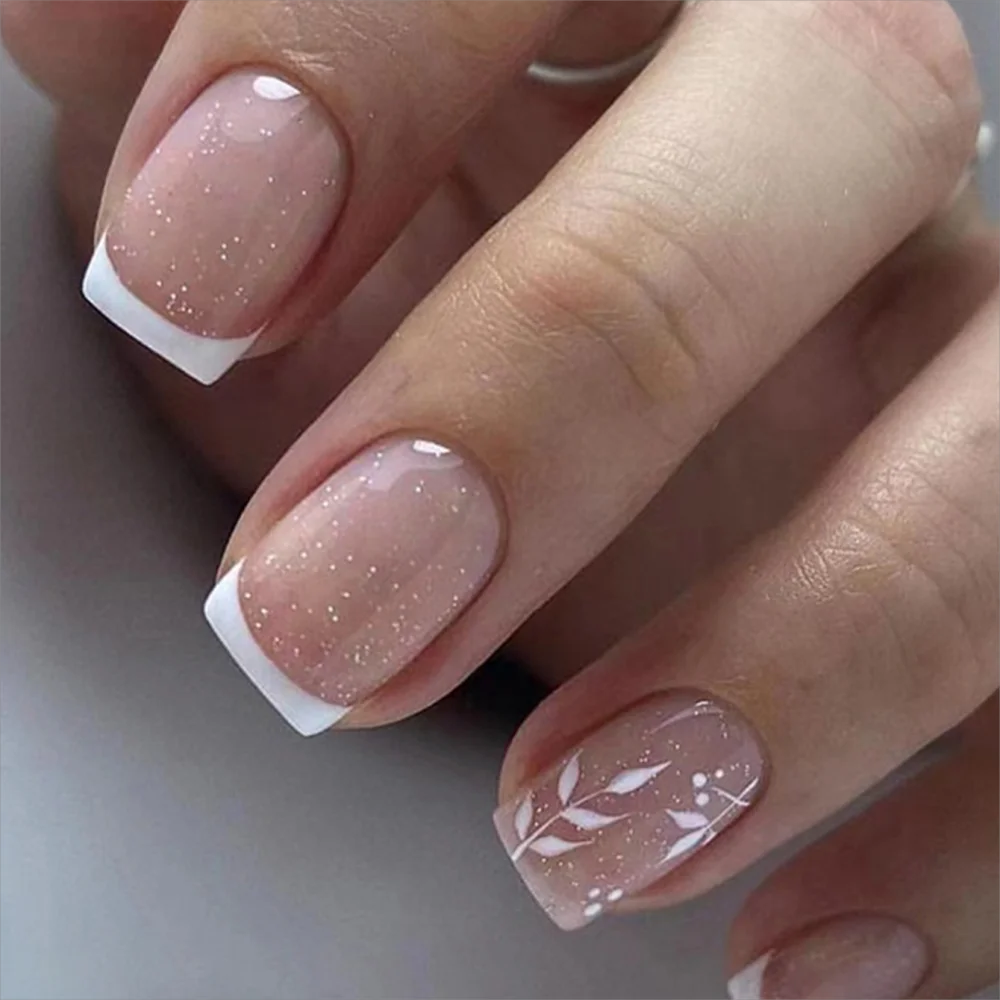 24Pcs/Set Short Size French Simplicity Glitter Pink Leaf Girls Women Full Coverage Wearable Fake Nails