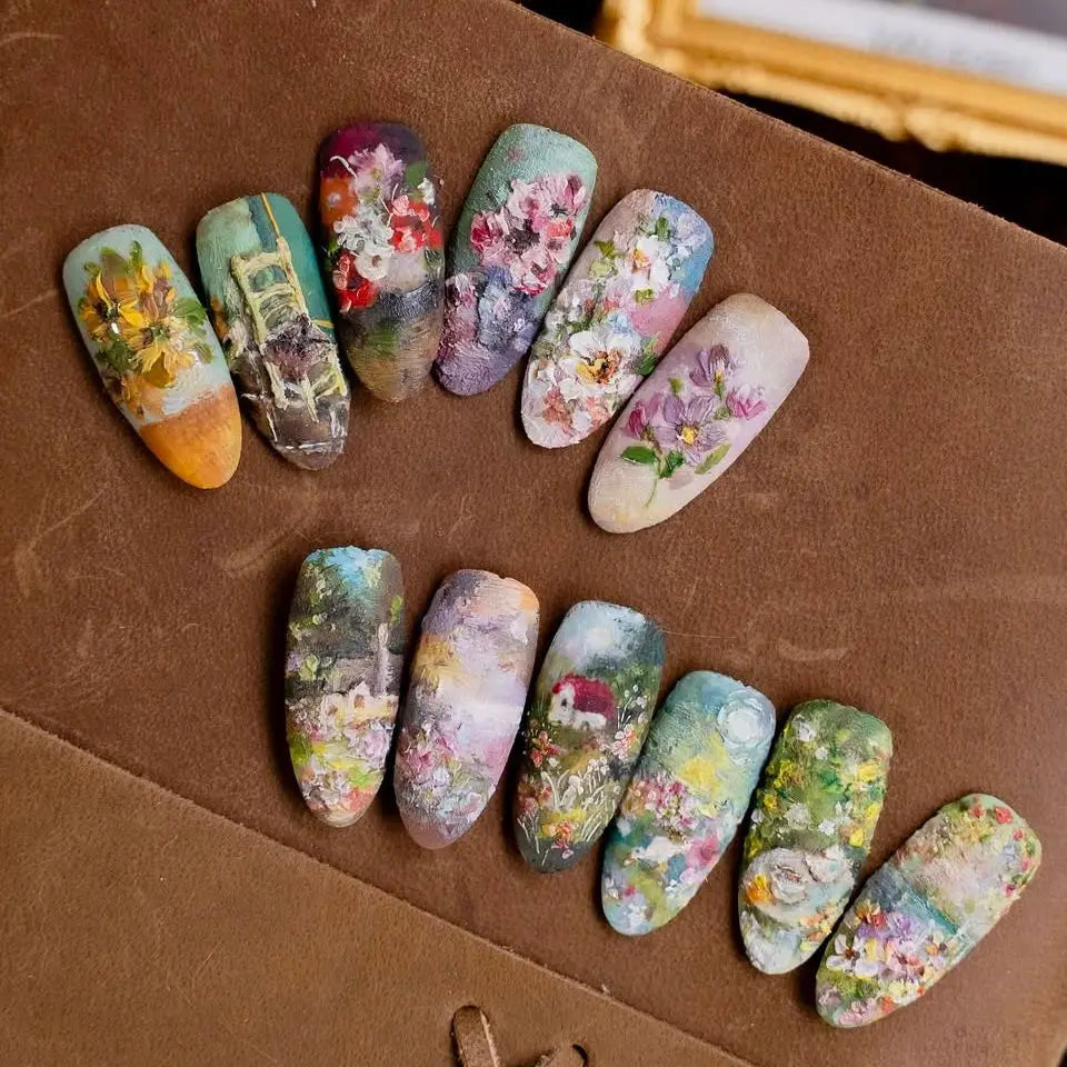 24pcs Wine Red Almond False Nails Art Smudge Flower Design Short Press on Nails Tips Wearable Golden Lines Fake Nail Finished