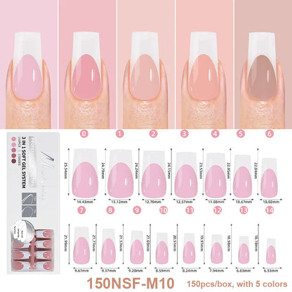 150Pcs/Box Acrylic Press on Nails Full Cover Fake False Tips Soft Gel Extension T-shaped Oval Capsule Almond Sculpted Salon DIY