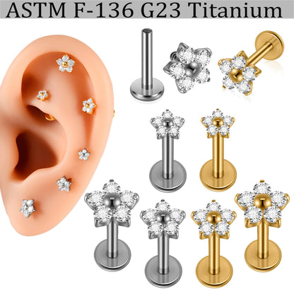 1/5PCS F-136 Implant Titanium Different Size Flower Zirconia Labret 16G Internal Threaded Cartilage Helix Lobe Earring Piercing