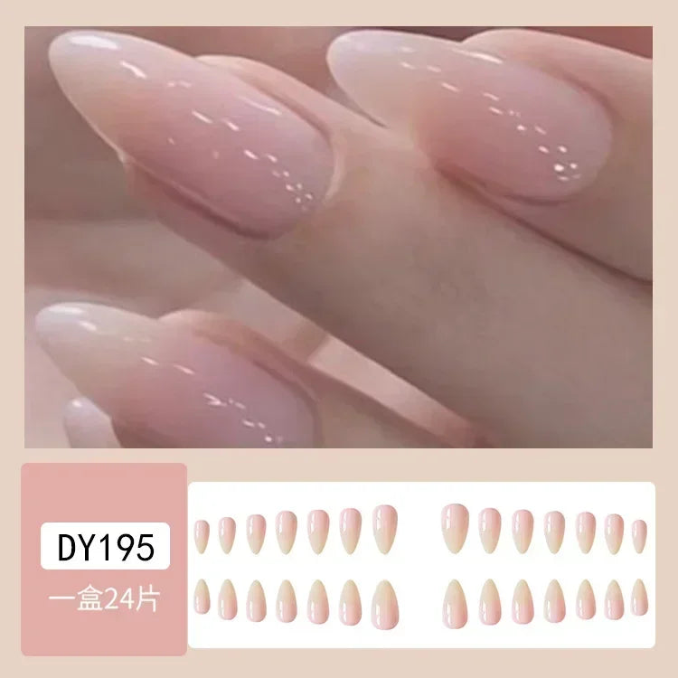 24Pcs White Almond False Nails Ballet with French Design Wearable Fake Nails Gradient Simple Full Cover Press on Nail Tips Art