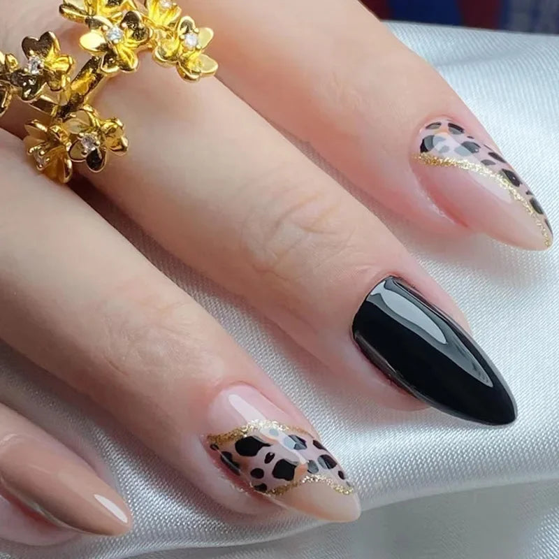 24Pcs Almond False Nails with Leopard Print Designs Long Stiletto French Press on Nails Wearable Spike Full Cover Fake Nail Tips