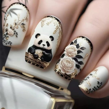 24Pcs Cute Square Stick on Fake Nail with Cartoon Panda Flower Pattern French Nail Art Acrylic Detachable Fashion False Nail Tip