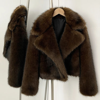OFTBUY Faux Fur Jacket Women Fashion Vintage Turn-Down Collar Coat Long Sleeve Fur Coat Eco-friendly Autumn Winter Streetwear
