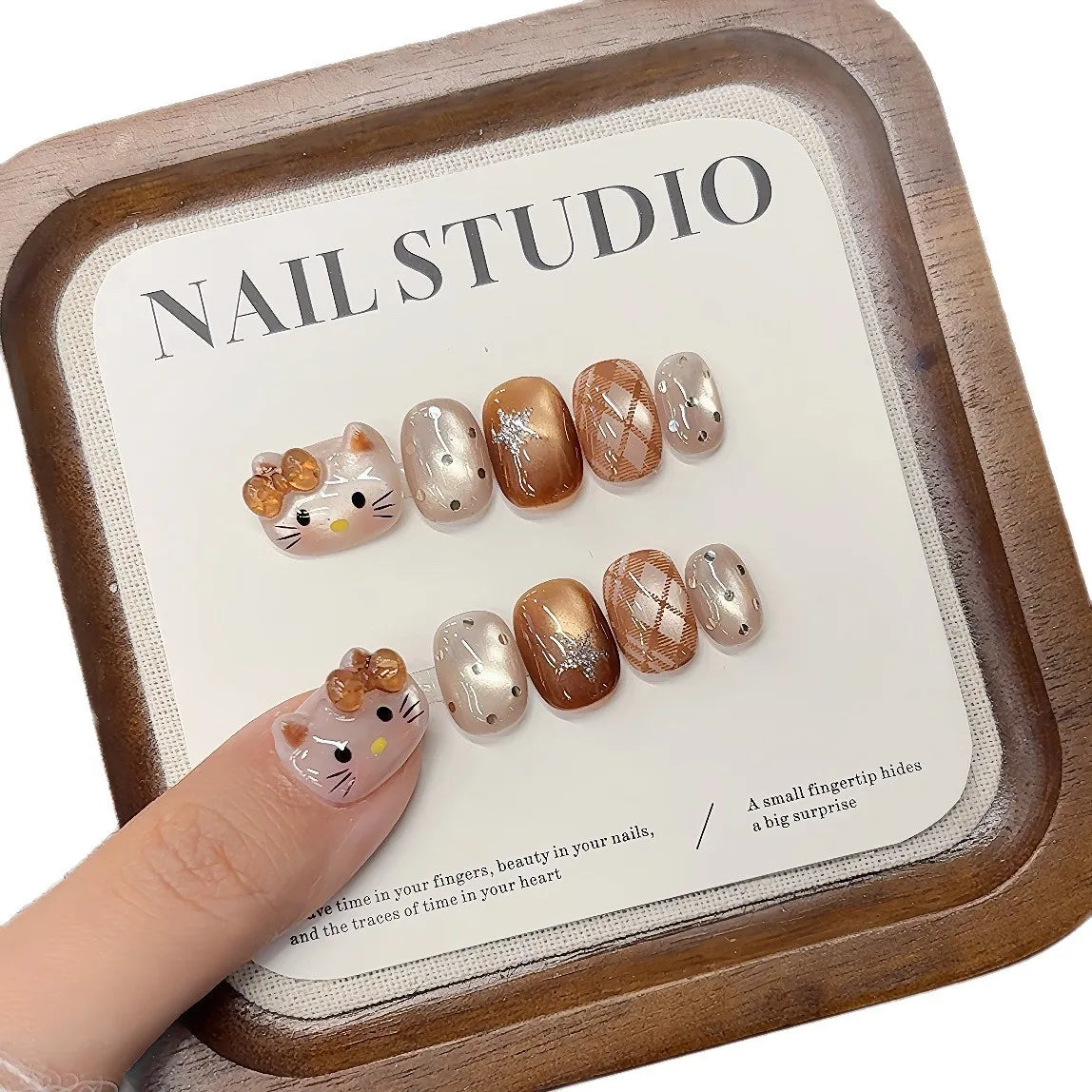 10PCS Summer BrownThe Polka Dot Cat's Eye Short Nail Art Hello Kitty Cute Notes Handmade Acrylic Fake Nail Gift