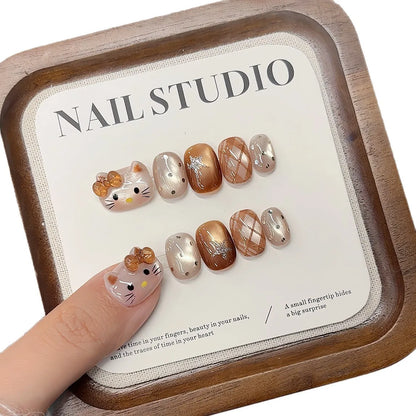 10PCS Summer BrownThe Polka Dot Cat's Eye Short Nail Art Hello Kitty Cute Notes Handmade Acrylic Fake Nail Gift