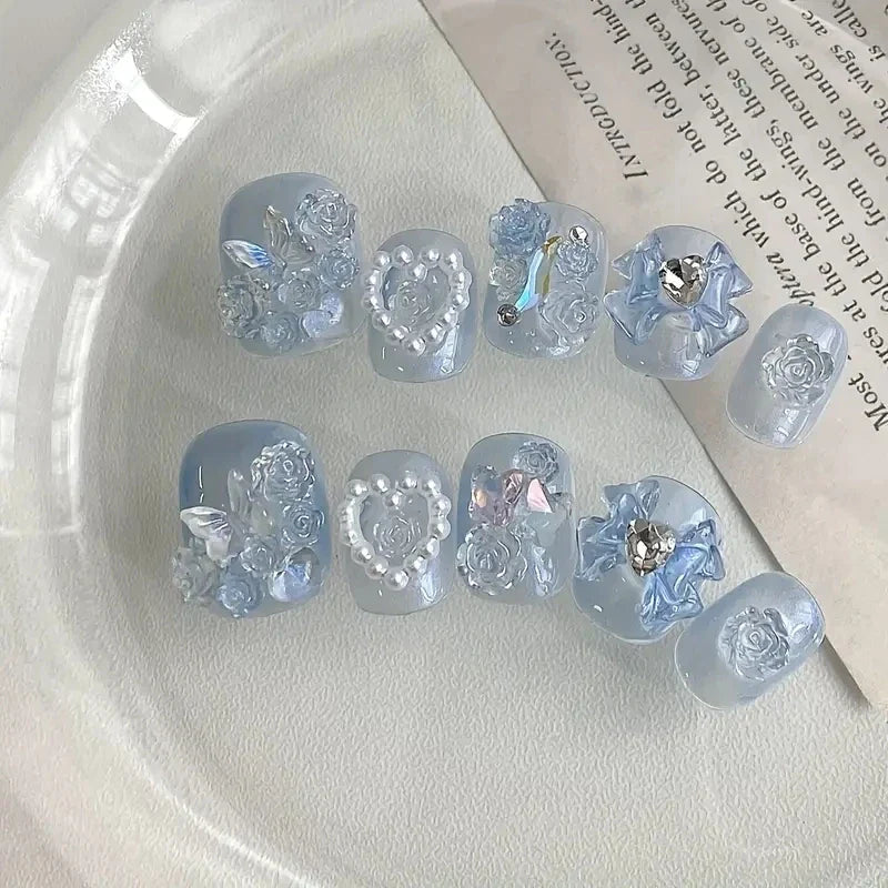 10pcs high-end Short love bow in blue handmade fake nails, Light luxury light blue women's nail decoration patch
