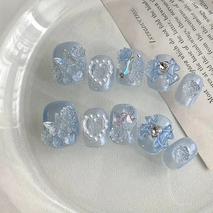 10pcs high-end Short love bow in blue handmade fake nails, Light luxury light blue women's nail decoration patch