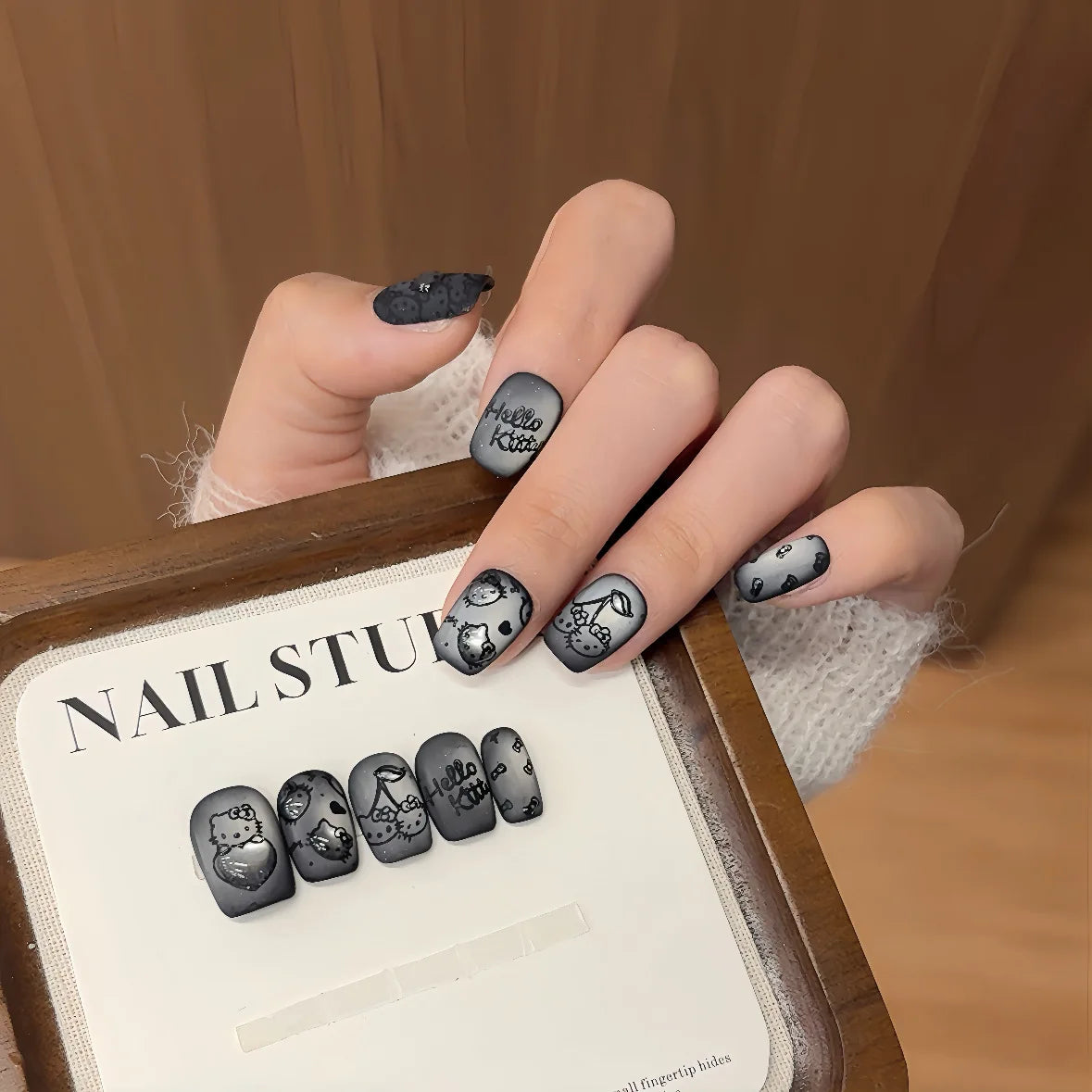10PCS Summer BrownThe Polka Dot Cat's Eye Short Nail Art Hello Kitty Cute Notes Handmade Acrylic Fake Nail Gift