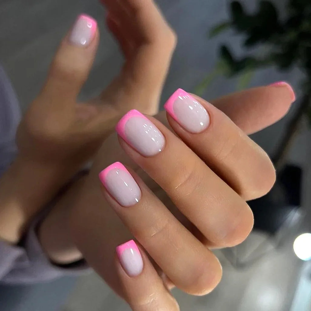 Simple Pink French Wearable Fashion Short Square Fake Nails Detachable Full Cover Finished False Nails Press on Nails with Glue
