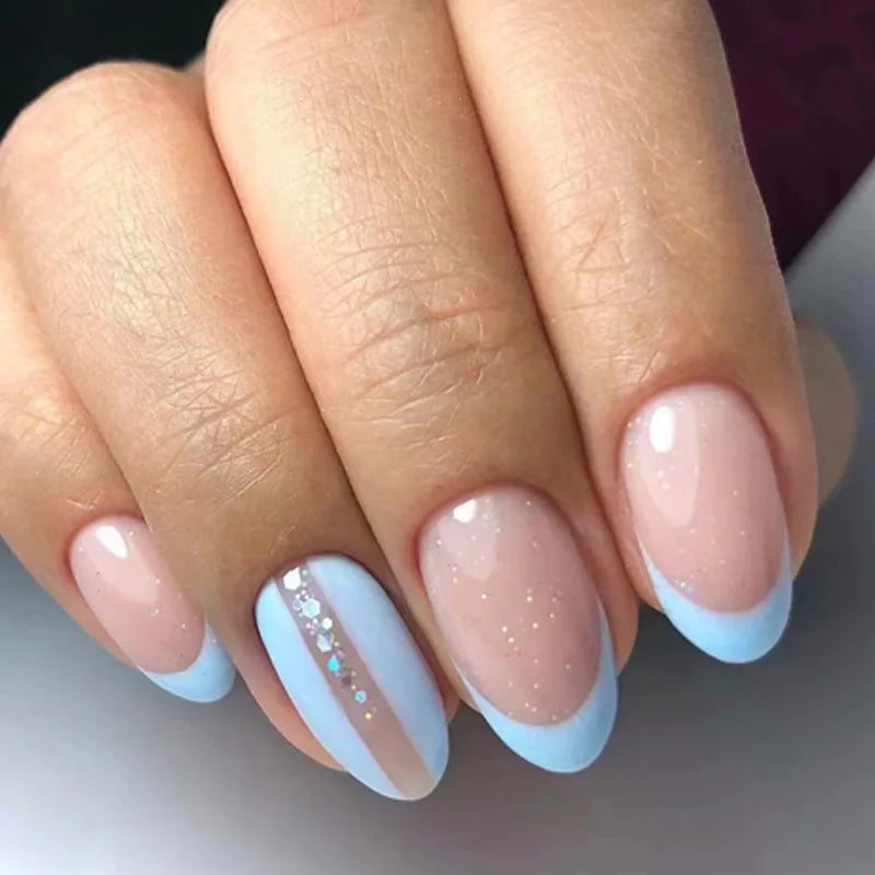 24Pcs Simple Glitter Almond False Nails with Glue Ballerina Nail Design Sweet Cool French Detachable Press on Nail Manicure Tips