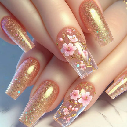 24pcs Short Square Press on Nails Jade Flower Sparkling Powder Designs Fake Nails with Glue Green Gradient Full Cover Nail Tips
